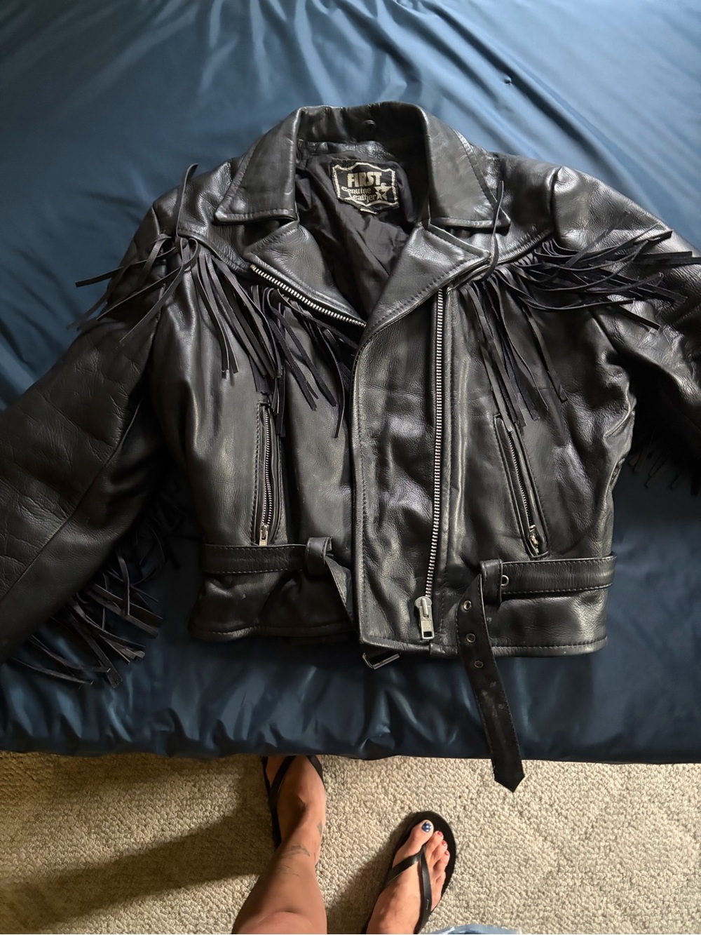 Black Fringe Leather Biker Jacket by First